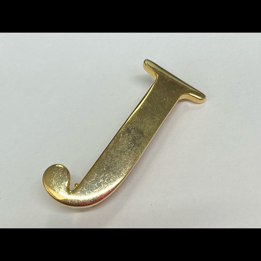 Large gold tone J Letter initial brooch